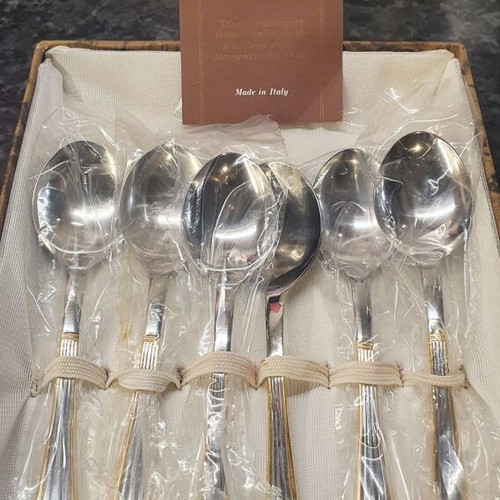 Scaramuzzi Inox 18/10 dessert spoons with gold detail like new, set of 6