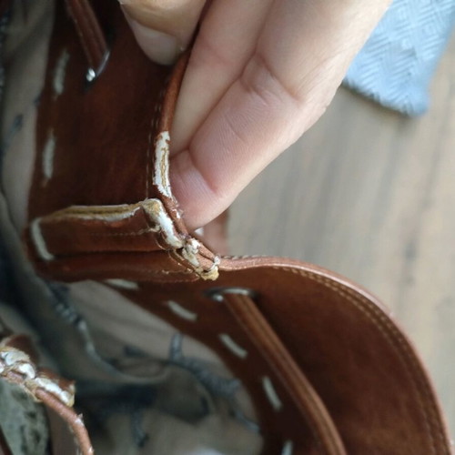 Handmade bucket bag used with brown leather details