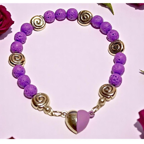 Handmade bracelet with purple lava semi-precious stone and magnetic heart clasp new