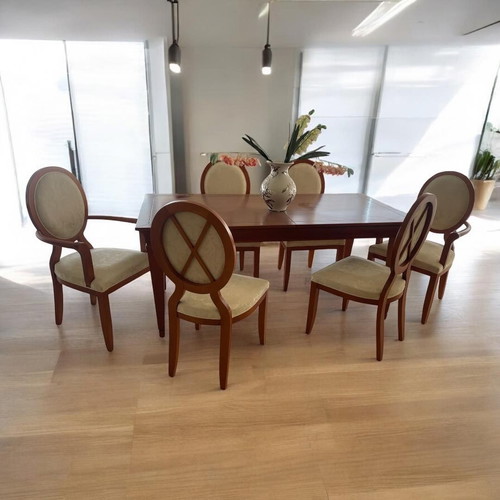 Wooden beech dining set neoclassical with 6 chairs, size 180x90cm (+80cm extension) new