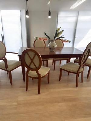 Wooden beech dining set neoclassical with 6 chairs, size 180x90cm (+80cm extension) new
