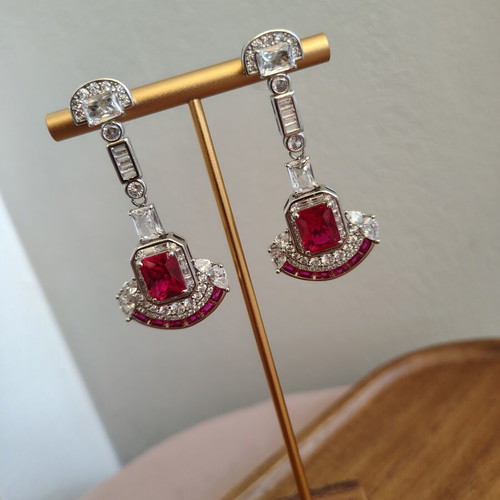 Long earrings with zirconia, like new, red and silver