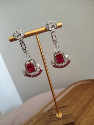 Long earrings with zirconia, like new, red and silver