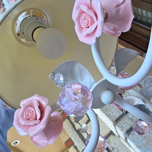 Ceiling light with pink metal roses, pink crystals and beige lampshade like new