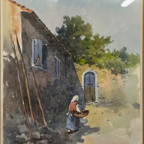 Watercolour by Th. Kentarchos, Grandma in the Village