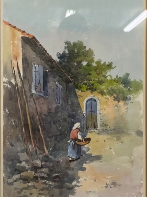 Watercolour by Th. Kentarchos, Grandma in the Village