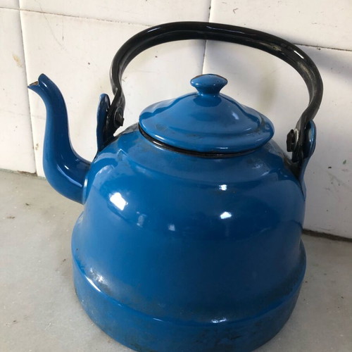 Enamel cookware set used, teapot and pot
