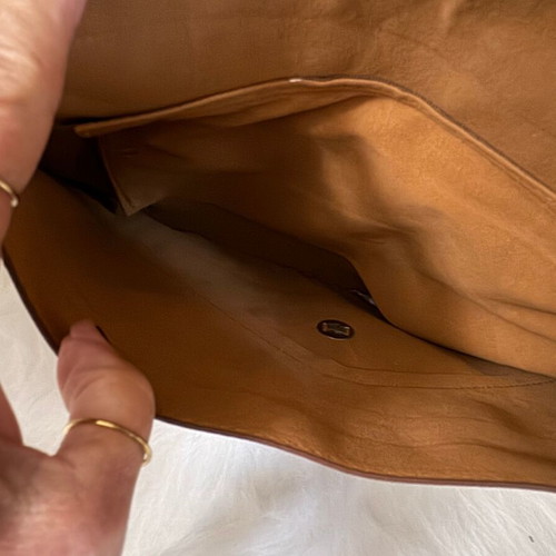 Leather envelope bag used, brown, with shoulder and hand strap