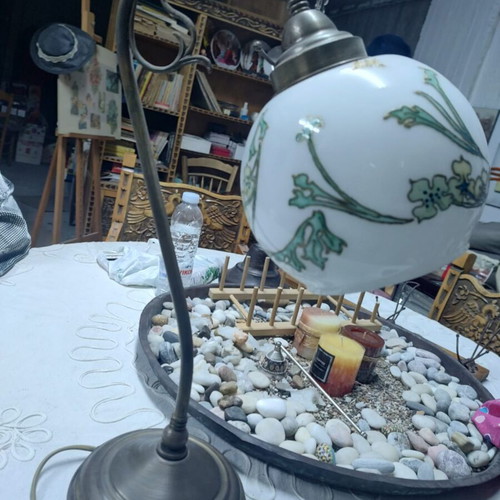 Handmade table lamp used, hand-painted with enamel, bronze base