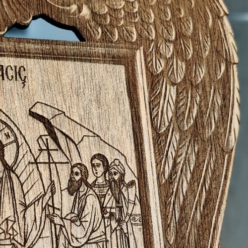 Wooden table icon of the Resurrection new with carved frame and angel wings