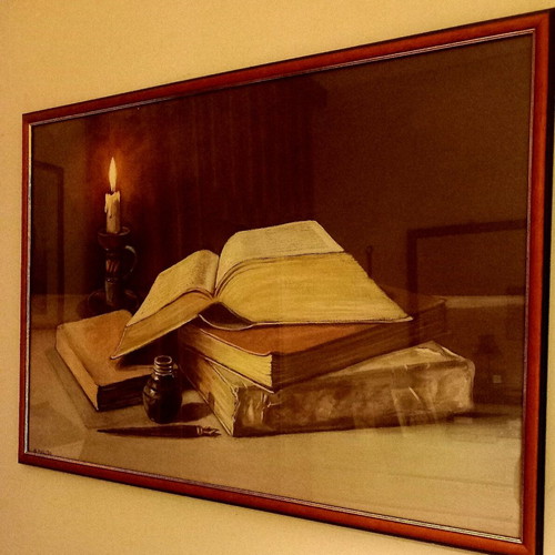 Painting like new with glass and wooden frame in earthy colors