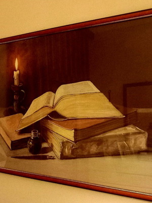 Painting like new with glass and wooden frame in earthy colors