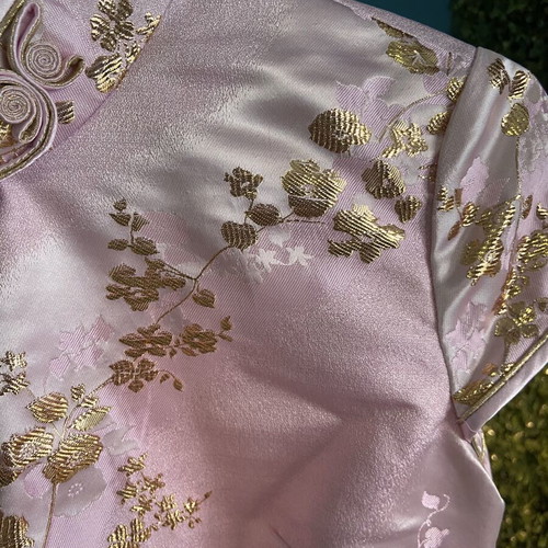 Qipao dress pink satin with gold floral patterns new, size XXXS