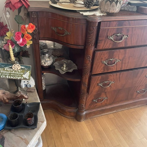 Vintage wooden chest of drawers with 4 drawers, brass handles, mahogany veneer