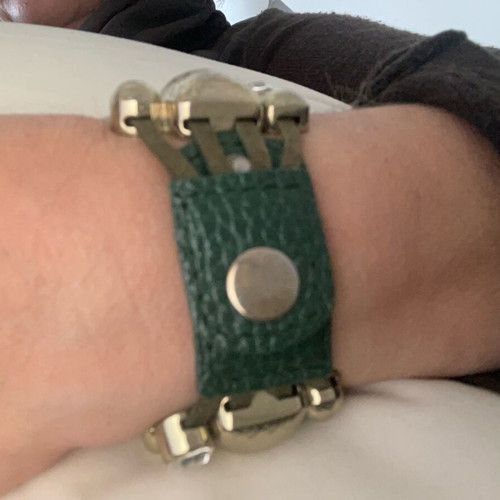 Vintage bracelet used, leather, metal, rhinestones, green and gold
