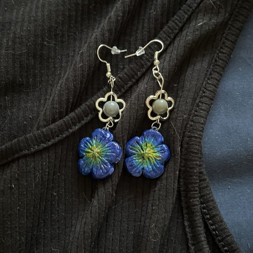 Handmade blue summer earrings with beige detail