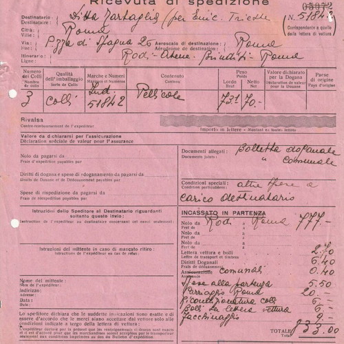 Historical Shipping Receipt used from Italian Airline Ala Littoria S.A.