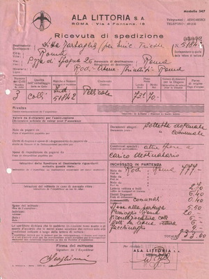 Historical Shipping Receipt used from Italian Airline Ala Littoria S.A.