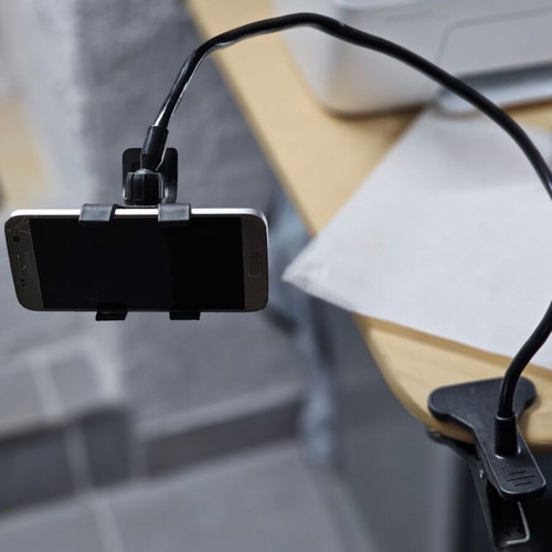 Mobile phone holder with clip and flexible arm used
