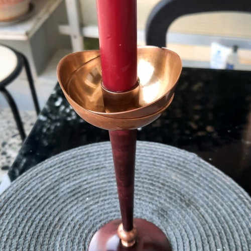 Vintage brass candlestick 20cm with burgundy enamel, excellent condition
