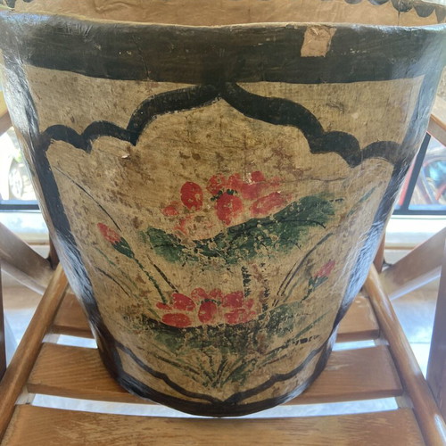 Rare antique papier mache basket used, lacquered with floral decor
