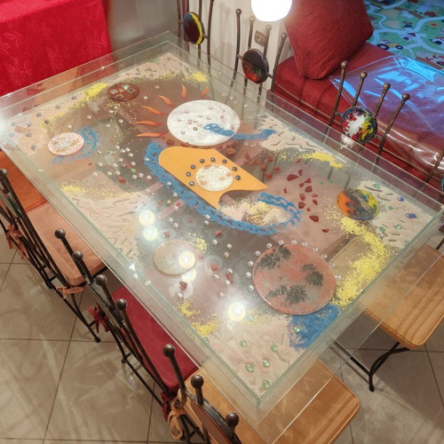 Glass dining table with 8 chairs like new
