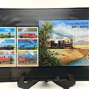 6 γραμματόσημα και φεγιέ Δημοκρατίας της Γουινέας με θέμα τα τρένα.