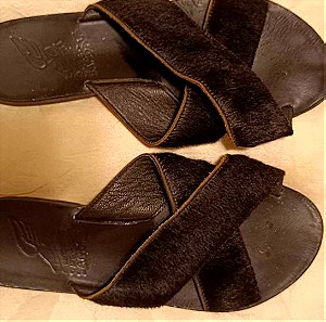 Ancient Greek Sandals. Black Ponyskin.  37-38