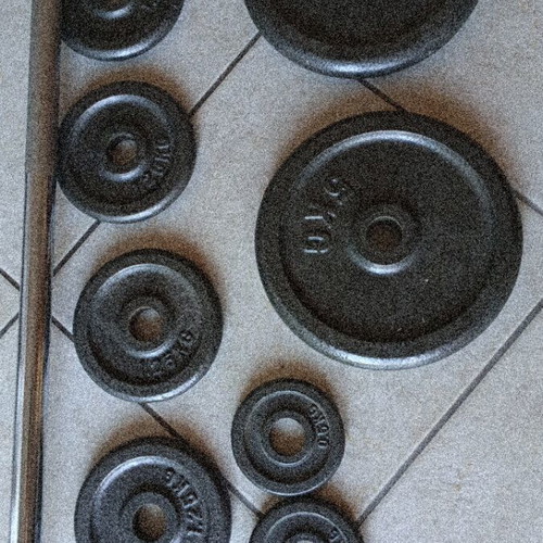 Barbell and weights set, 10 kg bar, various weight plates