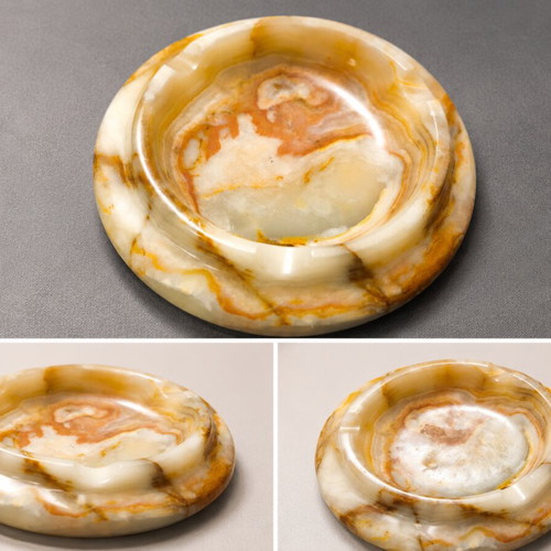 Onyx ashtray used, beige with light brown veins