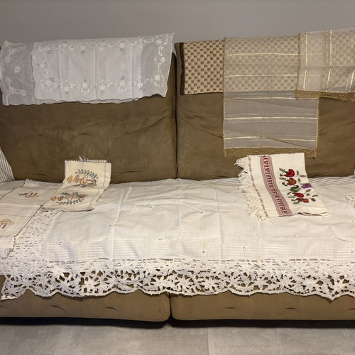 Traditional handmade crochet table linens, 75 pieces, vintage