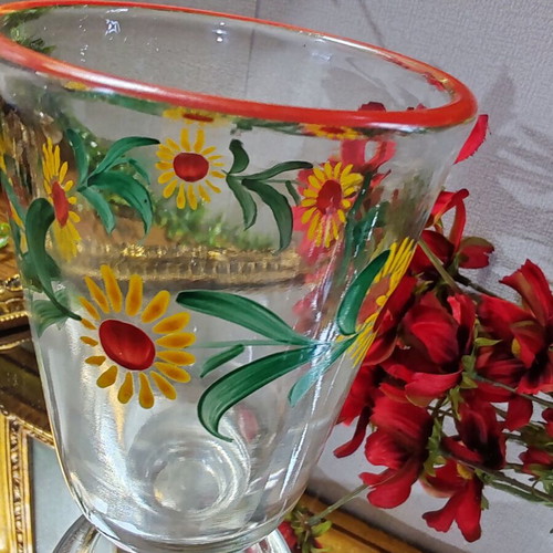 Retro pressed glass collector's cup, hand-painted sunflower design