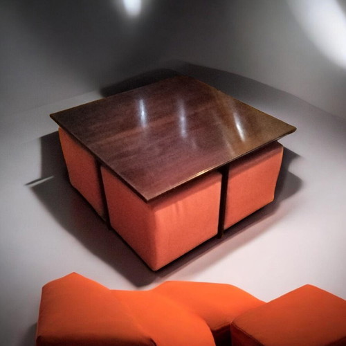 Tables with hidden poufs like new, handmade with glass top