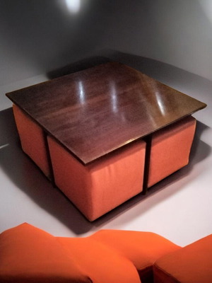 Tables with hidden poufs like new, handmade with glass top