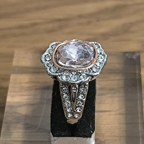 Vintage women's ring with pink stone and white zirconia, silver and rose gold color, new