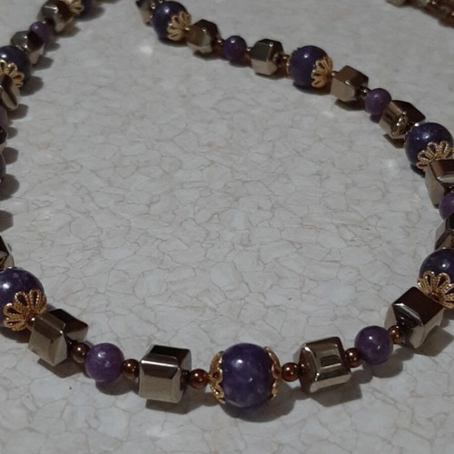 Necklace with Lepidolite and Hematite in 925 Silver, over 60 cm, new