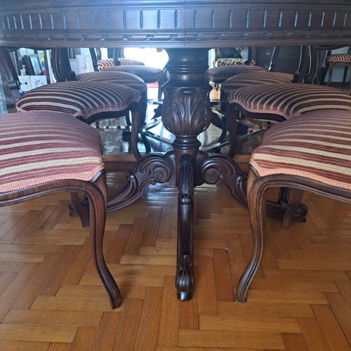Carved dining set used with 6 chairs, solid walnut wood