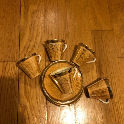 Coffee set used, gold-orange, 5 cups and 6 saucers, antique
