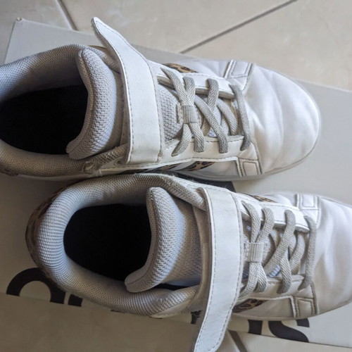 Adidas kids athletic shoes used with leopard design size 33 white