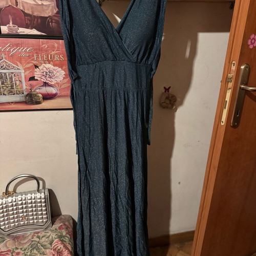 Long blue summer dress like new with rhinestones and belt
