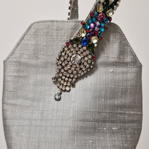 Zara silk and stone handbag used, silver multicolor
