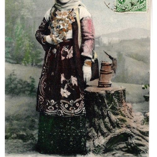 Authentic 1905 postcard used with national costume theme