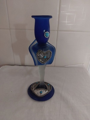 Arabic handmade candle holder used, 1940s-50s, glass with silver decorations
