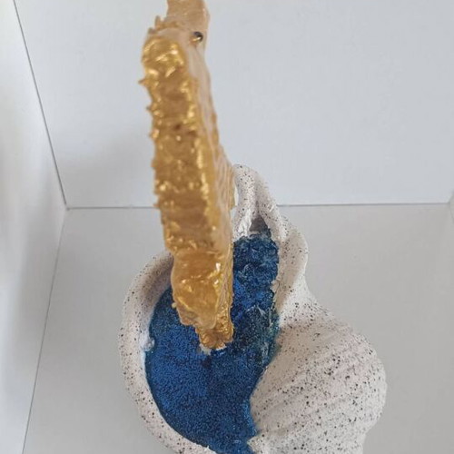 Handmade Decorative Gold Seahorse from Clay and Resin with White Shell Base