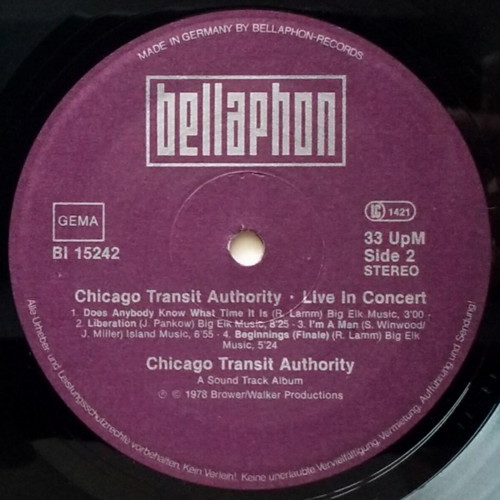 Chicago Transit Authority Live In Concert vinyl album