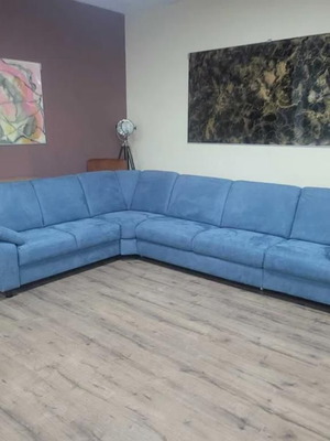 Μπλε γωνιακός καναπές από ύφασμα με λειτουργία ύπνου MM-ZE1059 νέος