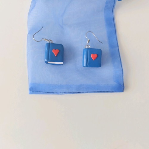 Book earrings new, small blue polymer clay design