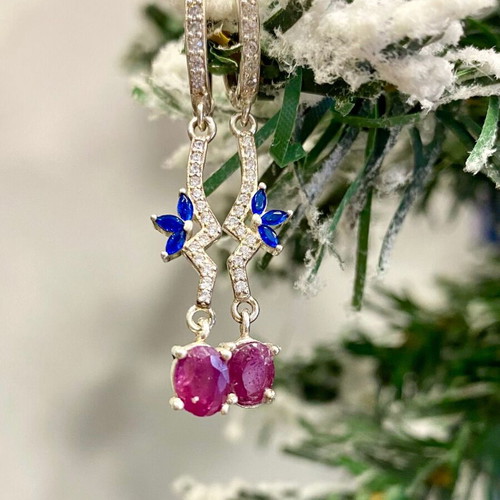 Handmade silver earrings with natural ruby, sapphire and moissanite
