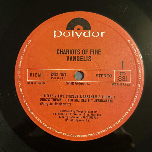 Vangelis Chariots Of Fire original motion picture soundtrack LP
