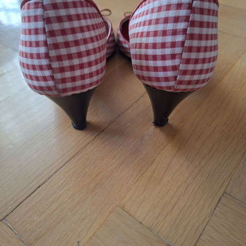 Vintage red and white check peep-toe heels, size 36